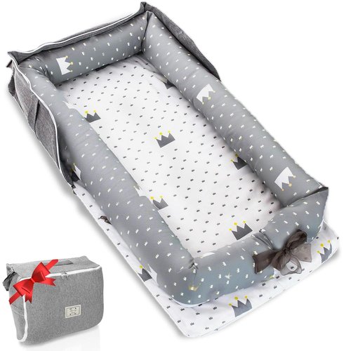 Baby Lounger by Crown - Portable Infant Lounger for Newborns to Toddlers 0-24 Months with Breathable Cotton & Adjustable Size