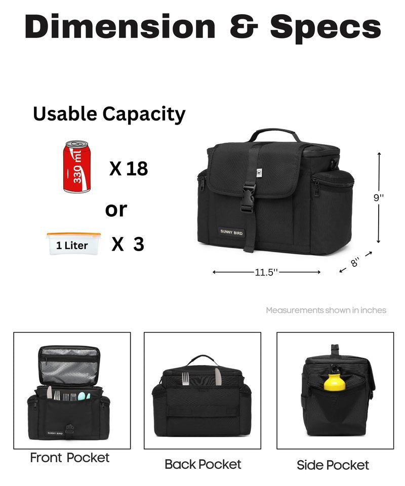 SUNNY BIRD Large Lunch Bag, Thermally Insulated Soft Cooler with Shoulder Strap for Women, Men (Black)