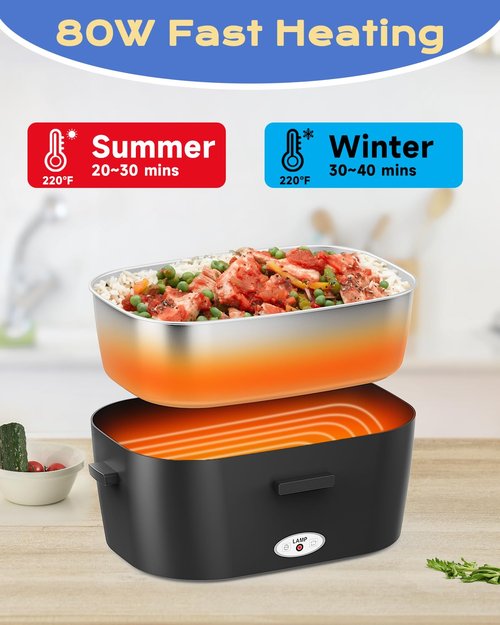 FERVINOW Cordless Electric Lunch Box for Adults – Battery-Powered Heated Lunch Box with 1.2L Stainless Steel Container, Timer Function, and Leak-Proof Food Warmer for Work, Travel & Office(BK)