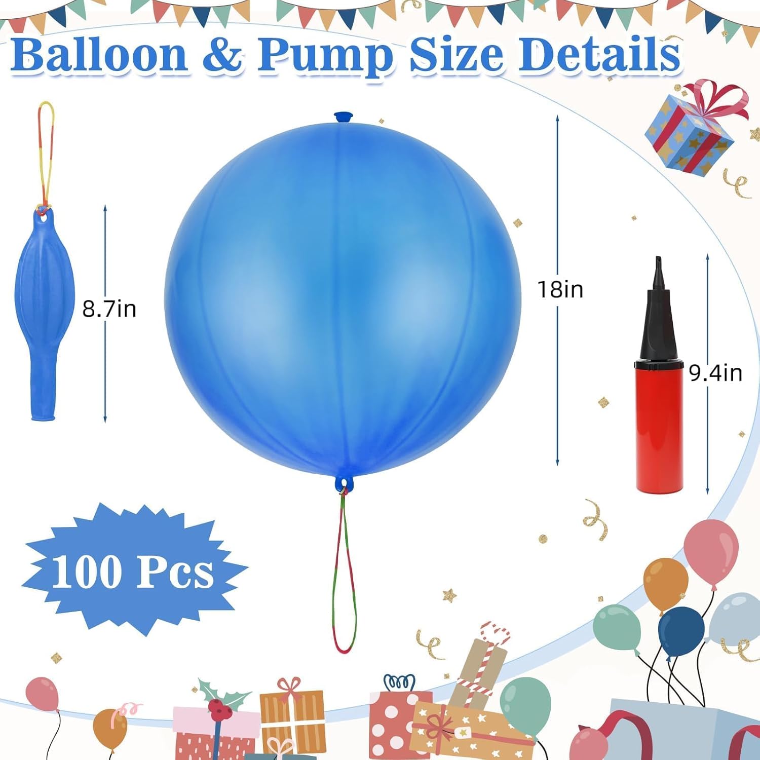 Skiennix Punch Balloons - Heavy Duty Party Favors with Rubber Band Handle & Air Pump | 100 Pcs, Blue