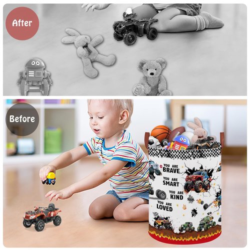 Monster Trucks Laundry Hamper Basket Kid Gift Toy Bin Empty Car Nursery Decor Hamper,Storage Basket Collapsible Clothes Book Organizer Bin for Boy,Easter Gift (Monster Trucks-Fire)