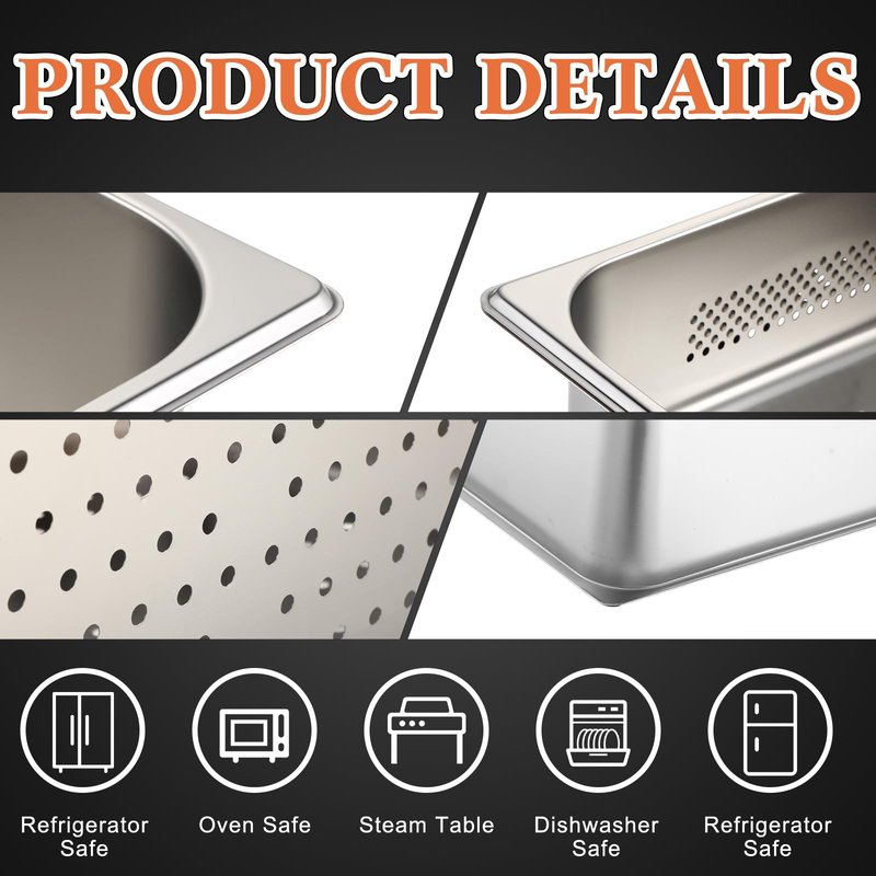 Tioncy 2 Pack Full Size Hotel Pans with Perforated Steam Pan, Stainless Steel Steam Table Pan Multifunctional Food Chafing Supplies for Restaurant Kitchen(Full Size, 6 Inches, 8 Inches)