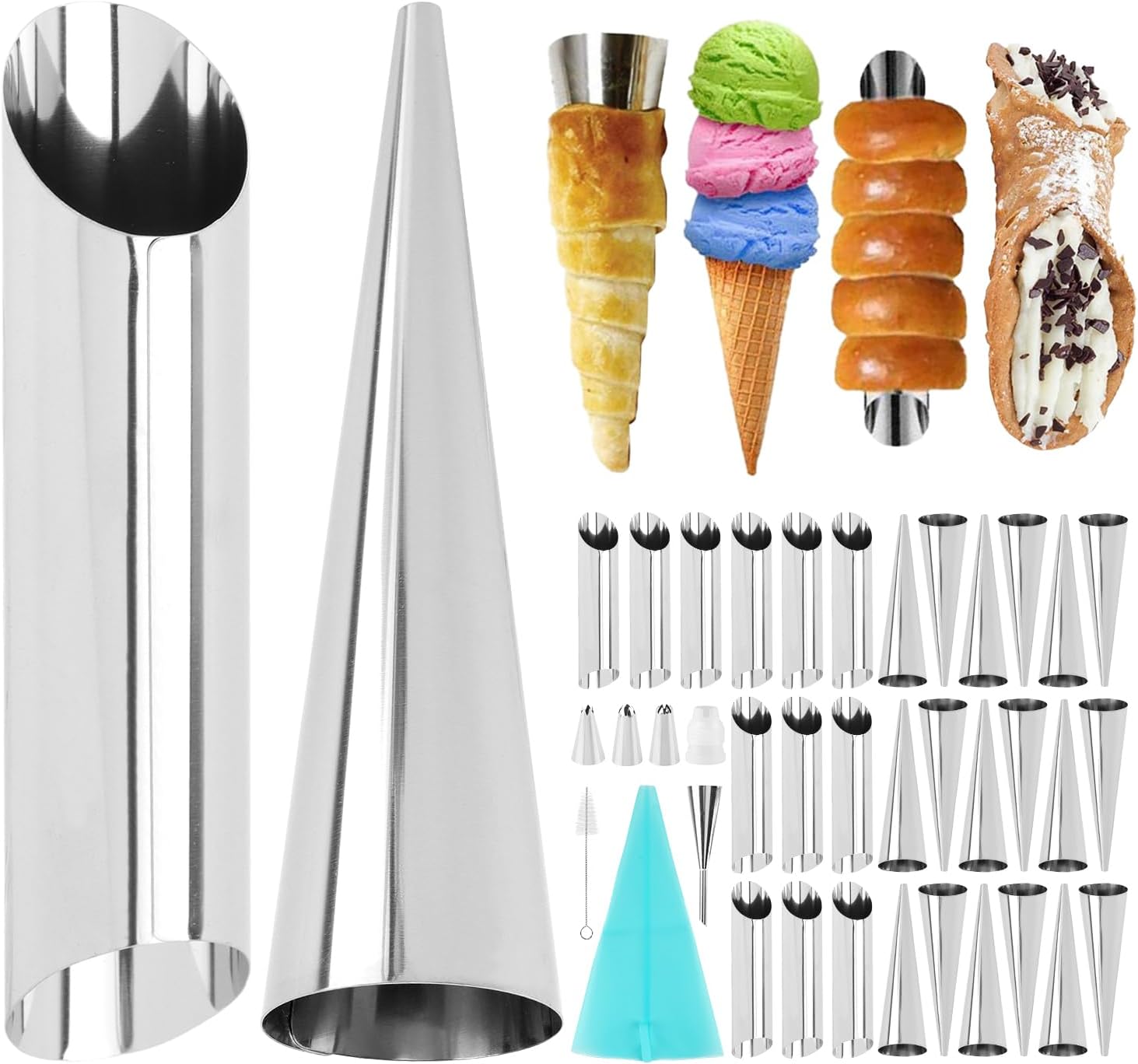 Skiennix 35-Piece Cream Horn Mold Kit - Non-Stick Stainless Steel Conical Tubes for Pastries | Silver