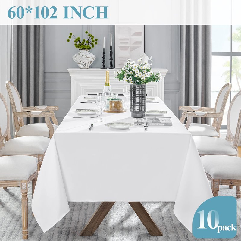 VidaFete Tablecloth 60 * 102inch 10 Pack Rectangle Table Cloth Polyester, Stain Wrinkle Resistant Dining Table Cover for Kitchen Dinning Party Wedding Rectangular Tabletop Buffet Decoration(White)