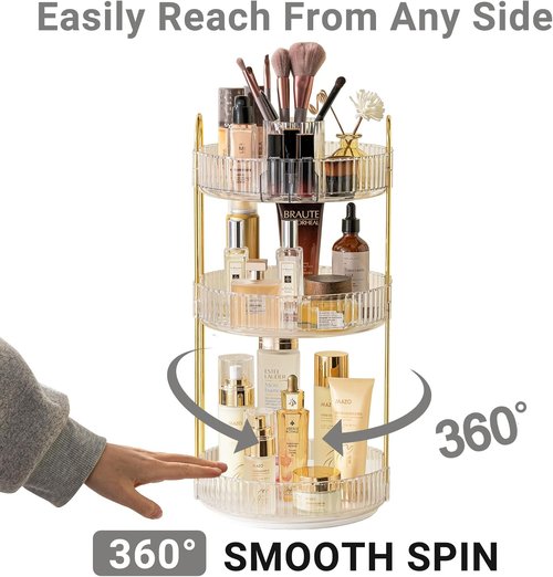 Asayuee 360° Rotating Makeup Organizer - Large 3-Tier Storage for Cosmetics & Skincare | Clear