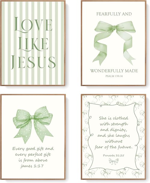 LARTSFRO Coquette Wall Art Decor - Sage Green Bow Posters | Inspirational Bible Verses | 12x16 Inch Set of 4 Unframed