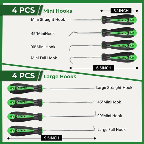 FTIHTRY 8PCS Precision Automotive Pick and Hook Set - Mini Oil Seal & O-Ring Remover (Green)