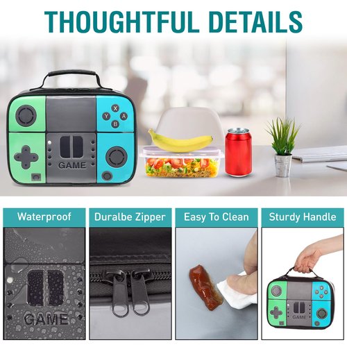 Tongtai Boys Lunch Box,Kids Gamer Lunch Box for School,Leather Insulated Thermal Meal Cooler Lunch Bag for Boys Kids Teen