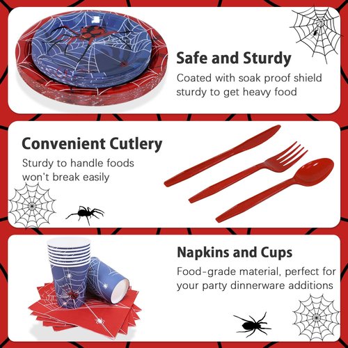 175Pcs Spider Web Birthday Decorations Plates Set 25 Guests Spider Theme Paper Plates Napkins Cups Tableware Party Supplies