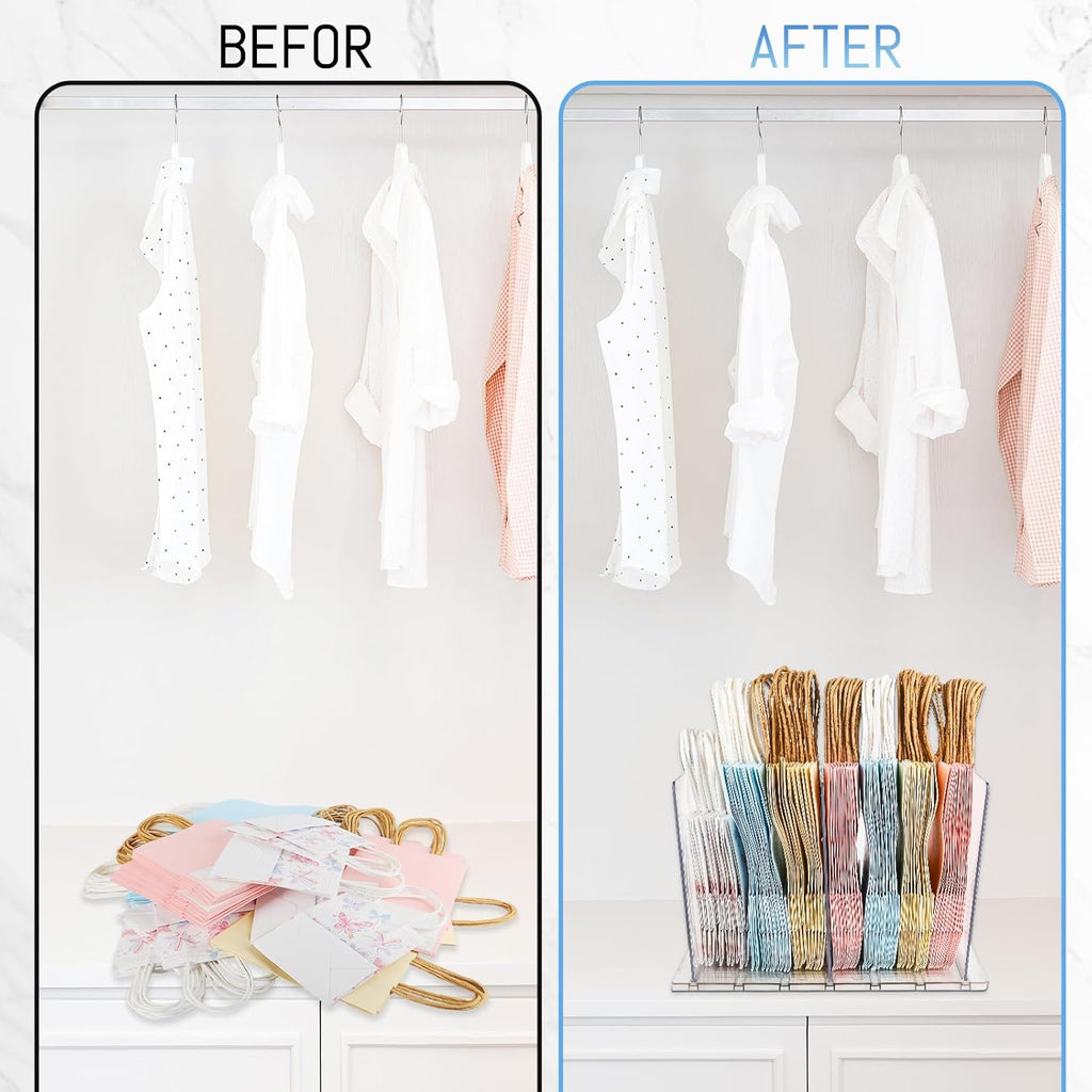 Skiennix Gift Bag Storage Organizer - Acrylic Reusable Grocery Bag Holder with Adjustable Shelf Dividers | Four Partition Design for Small Closets