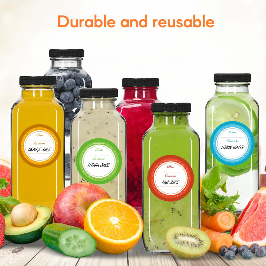 STARSIDE 12 oz 3 Pack Glass Juice Bottles with Lids - Square Reusable Drinking Jars for Juicing, Milk, Kombucha - Includes 1 Bottle Brush, 6 Colored Labels