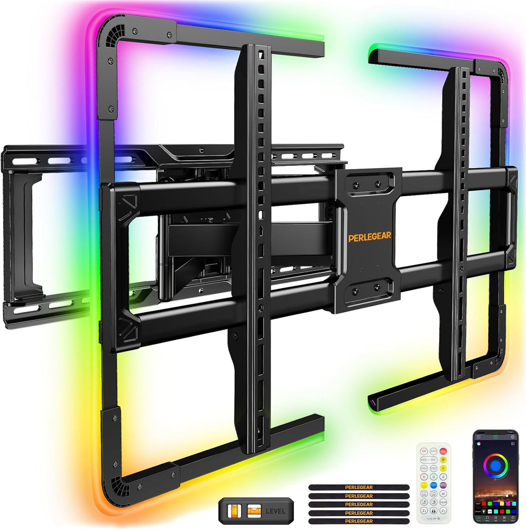 Perlegear AuraFrame™ Full Motion TV Wall Mount with LED Light - Fits 42″–90″ TVs Up to 150 lbs, Max VESA 600 x 400mm