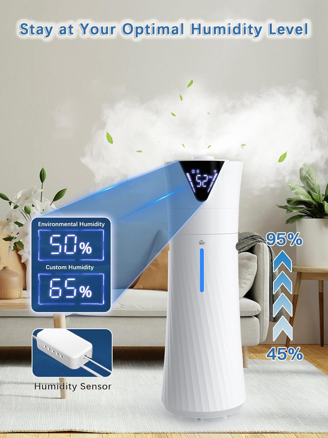 Skiennix 17L Ultrasonic Cool Mist Humidifier - Smart, Quiet, 2000ft² Coverage, 56H Runtime, White