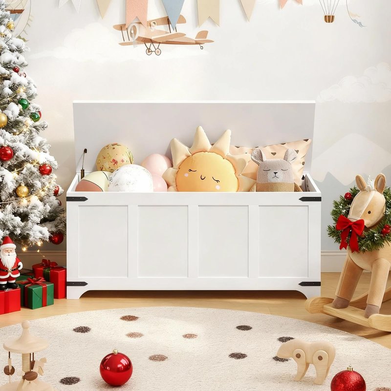 MAHANCRIS Storage Chest, 39.4" Storage Trunk with 2 Safety Hinges, Wooden Toy Chest, Entryway Shoe Bench, Large Toy Box for Kids Room, Bedroom, Living Room, White SCWT5101