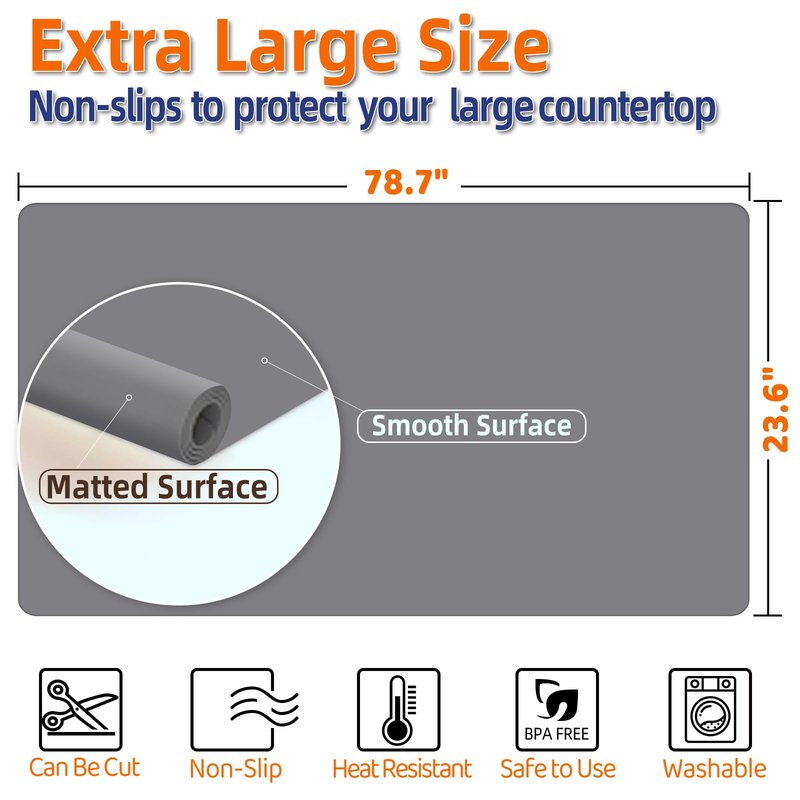 Warome Silicone Mat,78.7”x 23.6” Heat Resistant Mats for Countertop,Extra Large Countertop Protector Mat, Multi-functional Cuttable Kitchen Counter Mat, Silicone Mats for Kitchen Counter/Crafts- Grey