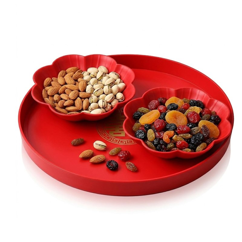 Red Serving Tray Set: 3PCS Decorative Round Wedding Snack Trays and Petal Snack Bowls - Flower Shape Candy Plate Happiness Chinese Wedding Decor for Tea, Fruit, and Coffee Table