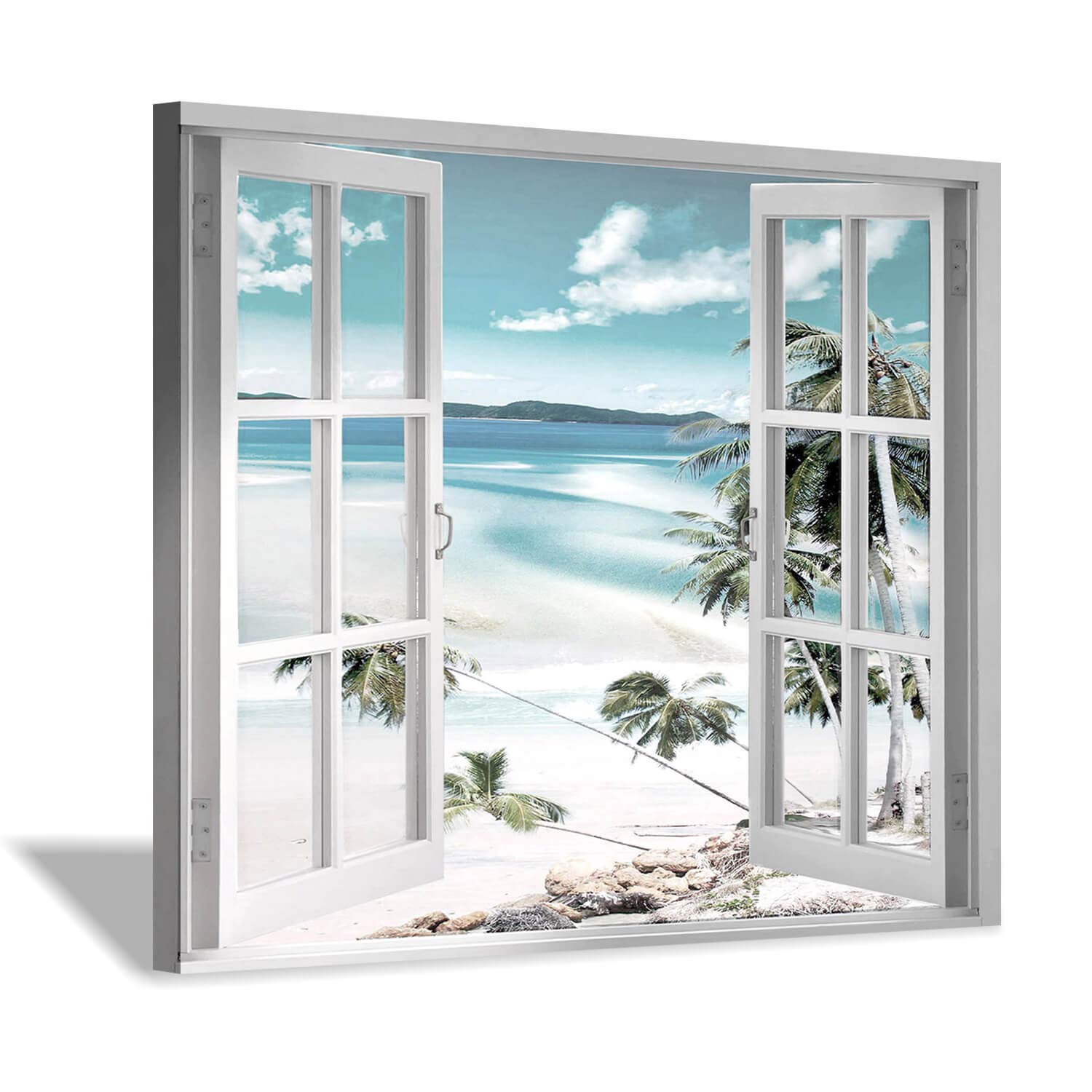 Hardy Gallery Open Windows Canvas Wall Art: Beach with Coastal Palm Graphic Artwork Print on Wrapped Canvas for Wall Decor(24''x18'')