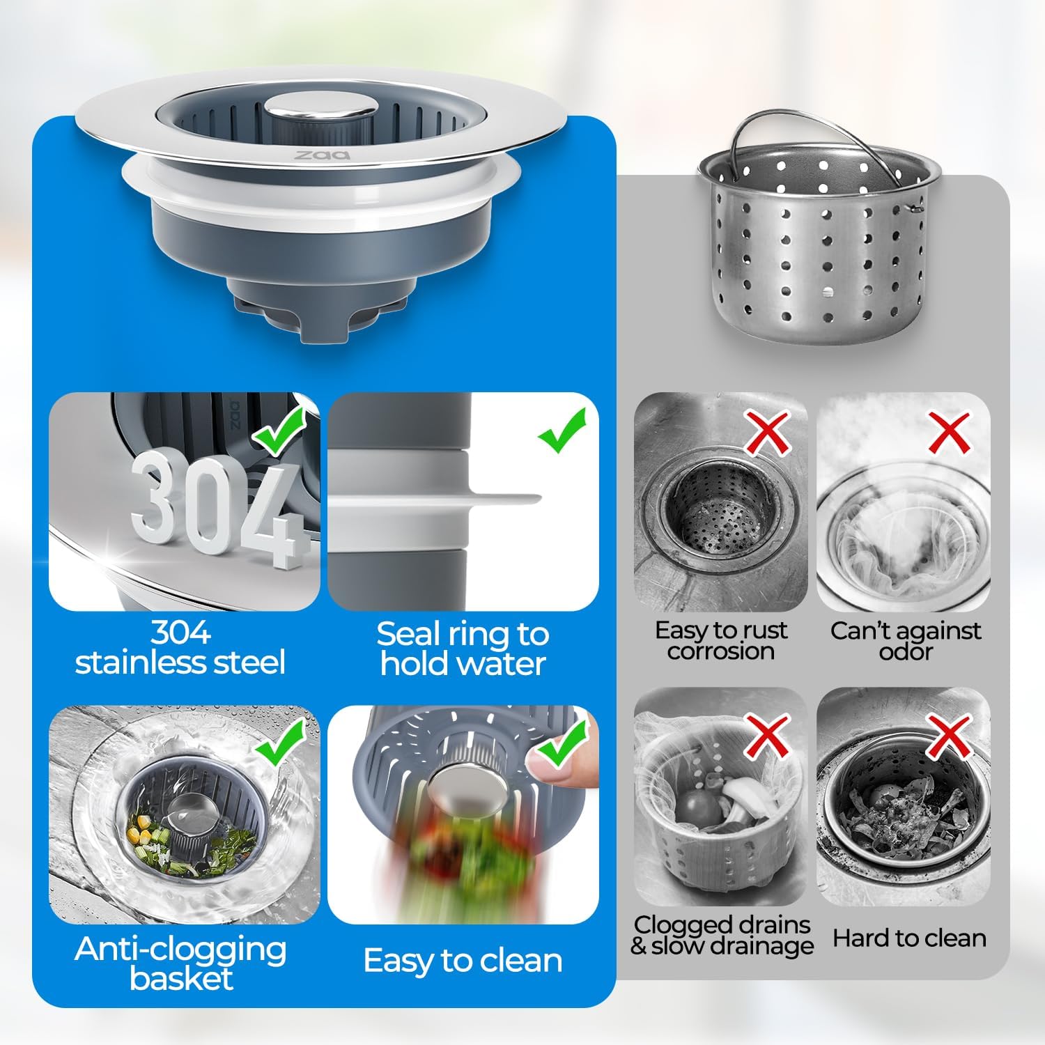 Sink Drain Strainer by [Brand Name] - 3-in-1 Anti-Clogging Kitchen Stopper | Fits 3-1/2'' Sink Hole, Silver