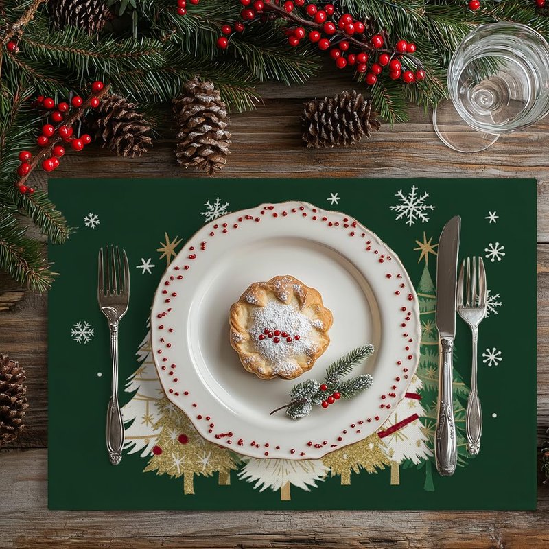 GEEORY Christmas Placemats 12x18 Inch Set of 4, Xmas Trees Snowflakes Winter Seasonal Holiday Farmhouse Kitchen Dining Table Decoration for Indoor Outdoor Dinner Party Décor (Green) GP127-18