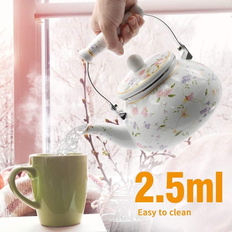 Saihisday Floral Teapot Enamel Afternoon 2.5L Tea Kettle For Stovetop, Large Flowered Tea Kettle with Ceramic Handel for Afternoon Tea Wedding Party Housewarming Gift