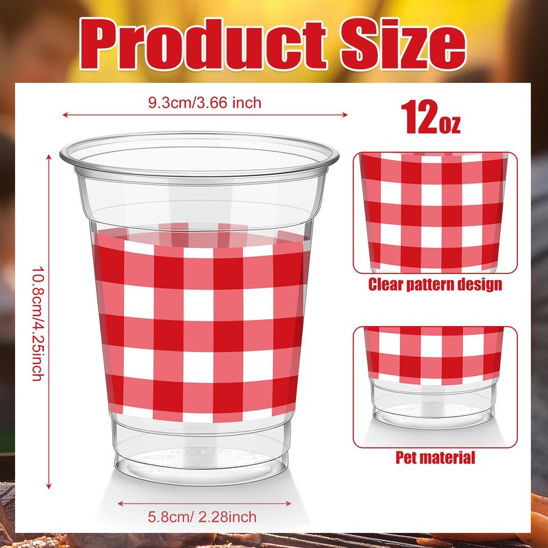 Cinrobiye 50 Pcs Red and White Checkered Plastic Cups Bulk 12 oz Clear Disposable Plastic Cup Bulk Buffalo Plaid Checkered Cups for Wedding Bridal Baby Shower Home Birthday Picnic Buffet Pizza Party