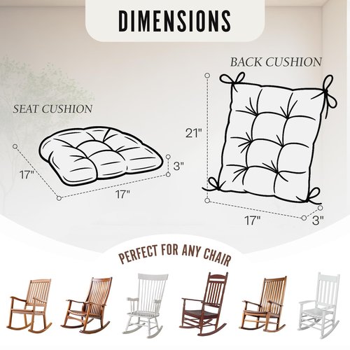 Klear Vu The Gripper Non-Slip Rocking Chair Cushion Set with Thick Padding, Includes Seat Pad & Back Pillow with Ties for Indoor Living Room Rocker, 17x17 Inches, 2 Piece Set, Ivory