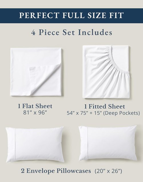 LANE LINEN 100% Organic Cotton Full Bed Sheet Set - Soft, Comfy, Oeko-Tex Certified, 15" Deep Pocket - White