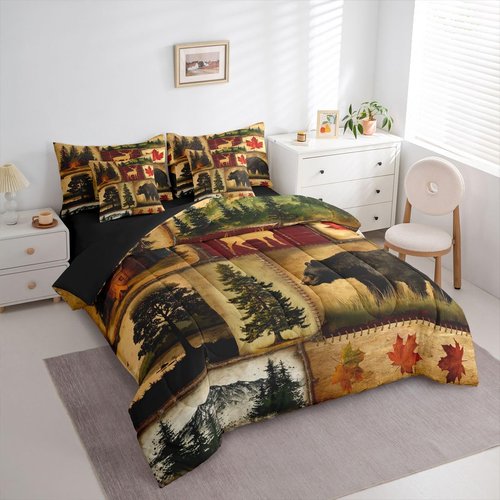 Erosebridal Rustic Farmhouse Comforter Set 7 Pcs Twin,Retro Cabin Lodge Down Comforter,Hunting Bear Deer Bed in a Bag,Country Maple Leaves Duvet Insert,Rustic Woodland Pine Tree Sheets,Red Brown