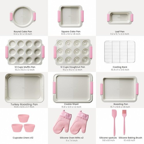 Kikcoin 25 PCS Non-Stick Baking Pans Set - Durable Silicone Handles | Oven Safe to 450°F, Pink
