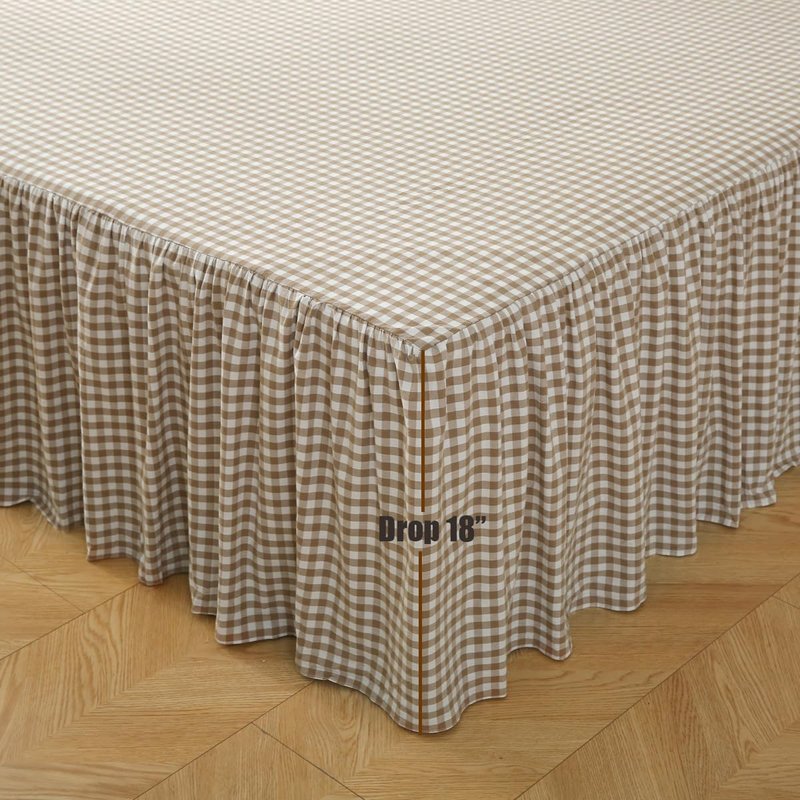 Silnuo Taupe/White Plaid Bed Skirt Washed Cotton Shabby Gingham Checkered Dust Ruffle King Size 18" Bedding(1 Bed Skirt Only)