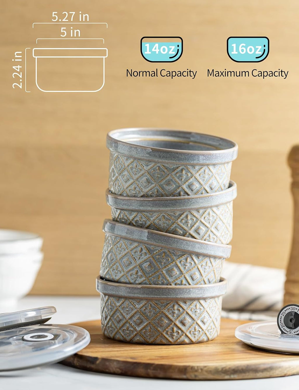 Regine Switzerland 16 oz Ceramic Ramekins - Oven Safe Baking Bowls with Lids | Set of 4 Gray for Creme Brulee & Souffle
