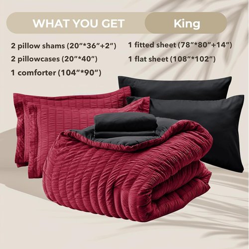 HYMOKEGE King Size Comforter Set - Red & Black Seersucker 7-Piece Luxury Bedding | All-Season Bed in a Bag