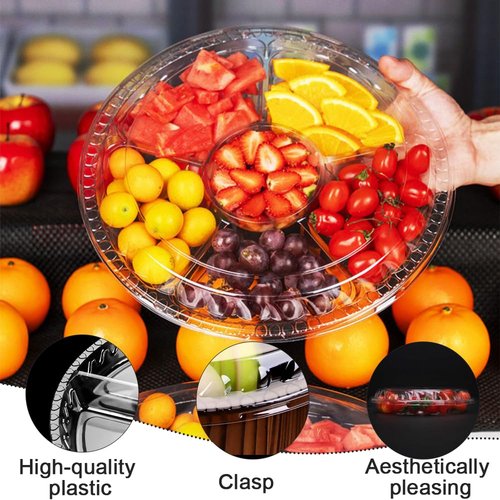 30 Pack Fruit Trays for Serving for Party, 6 Divided Compartment Disposable Party Platters for Vegetable Fruit Snack Nut, Plastic Veggie Tray with Lid for Buffet Catering（10.4 Inch） (Clear)