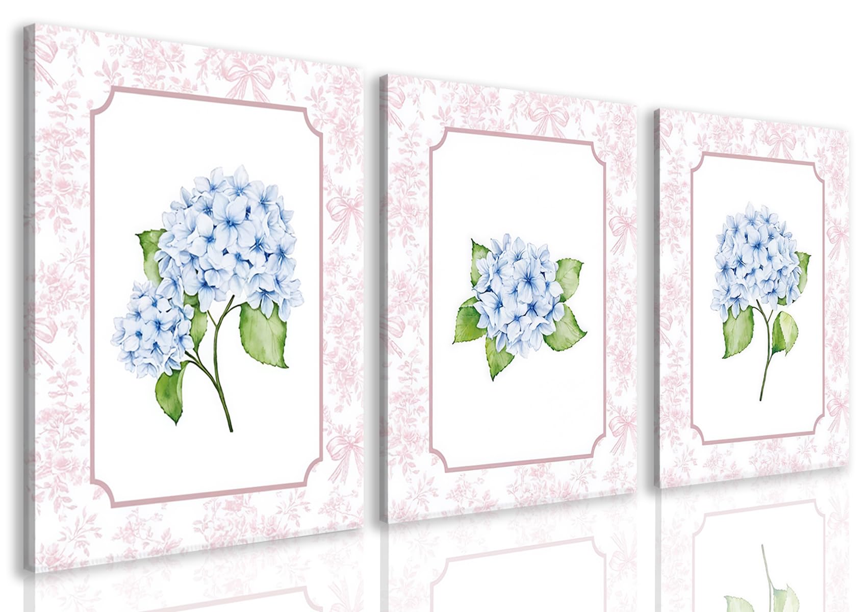 Blue Hydrangea Wall Art Set of 3, Preppy Blue Hydrangea Canvas Prints Poster Picture, Floral Aesthetic Wall Decor for Teen Girls Bedroom Dorm Apartment 16x24 Inch Framed