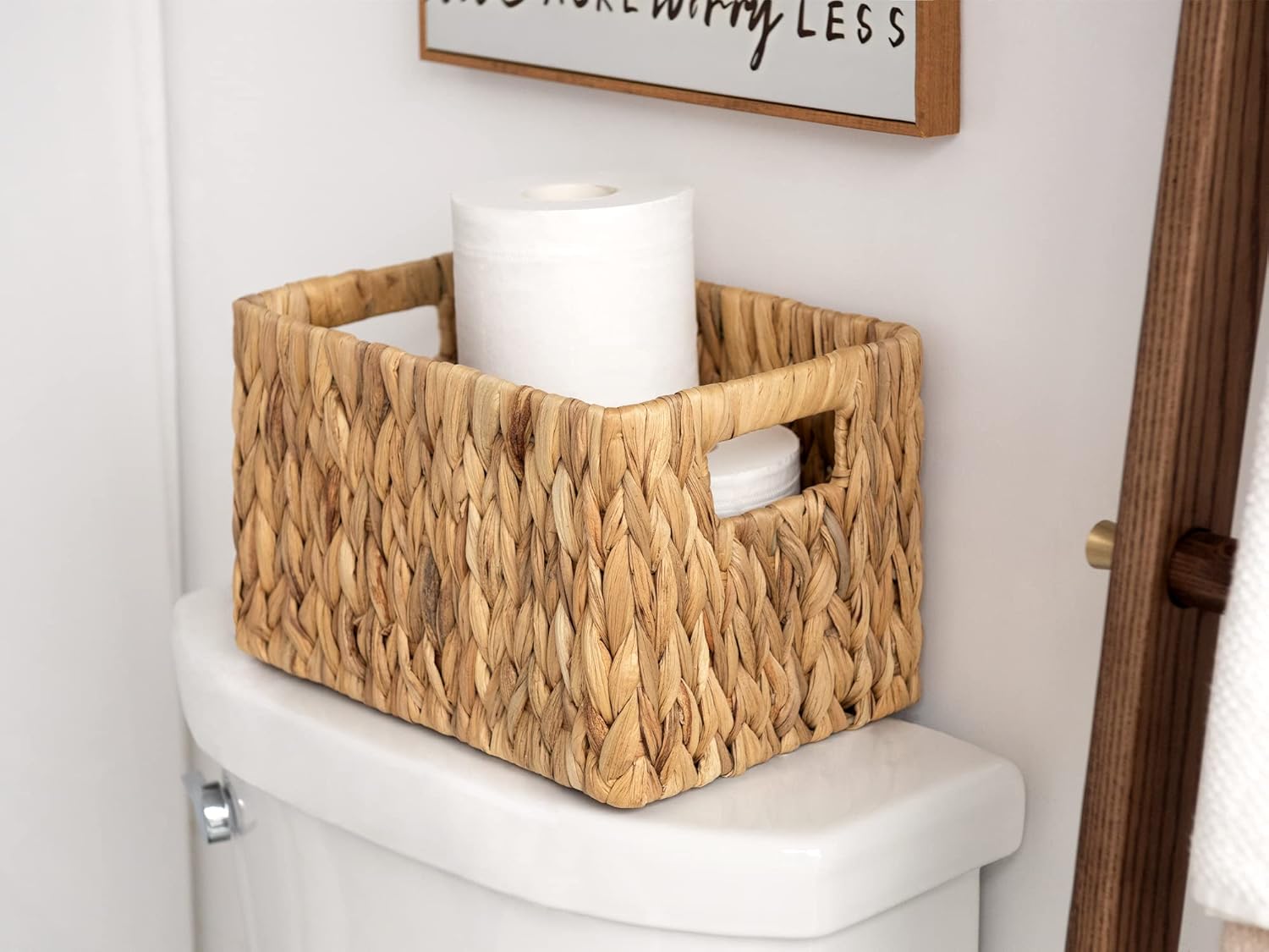 StorageWorks Wicker Baskets - Handwoven Water Hyacinth with Built-in Handles for Bathroom Organization - Medium & Small, 2 Pack