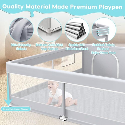 Fshibila Baby Playpen - 50x50 Inch Sturdy Playard for Indoor & Outdoor Use | Soft Breathable Mesh, Grey
