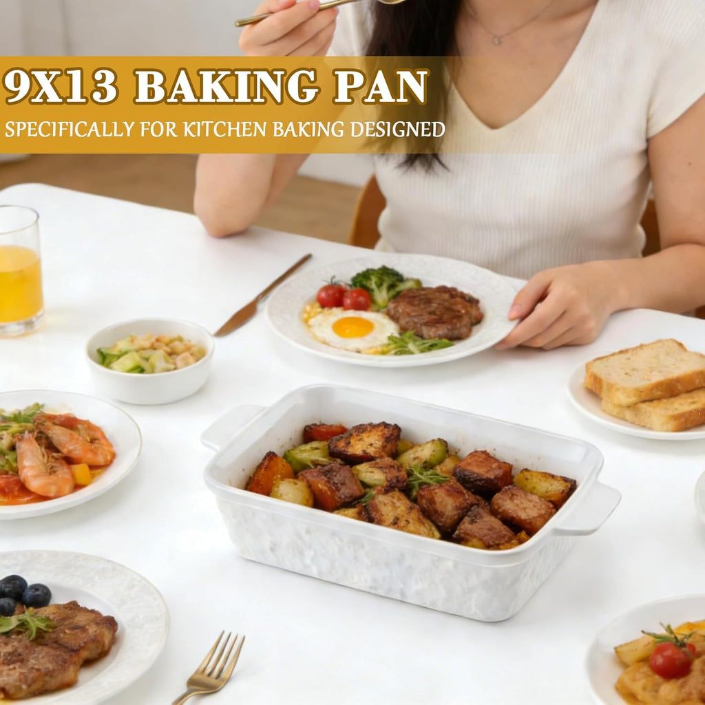 Regine Switzerland 9x13 Baking Pan - Durable Ceramic Casserole Dish with Handles | 4.4QT Oven Safe, Soft White