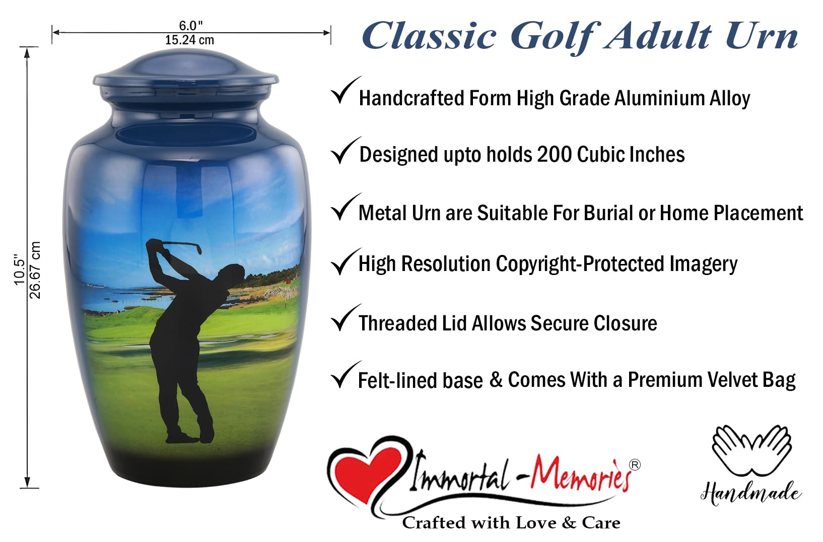 Golf Urn - Full Size Golfer Cremation Urns - Adult Classic Sports Urns - Golf Lovers Funeral and Memorial Urns for Human Ashes Upto 200 Lbs with Velvet Bag (Large)