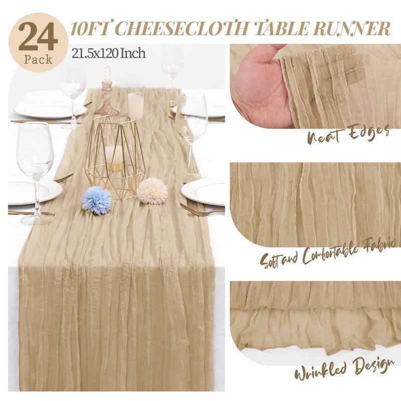 24 Packs Cheesecloth Table Runner,Brown Cheesecloth Table Runners 10Ft Gauze Boho Rustic Table Runners Cheese Cloth Long Table Runner for Wedding Bridal Shower Birthday Party Table Decor.(20x120 Inch)