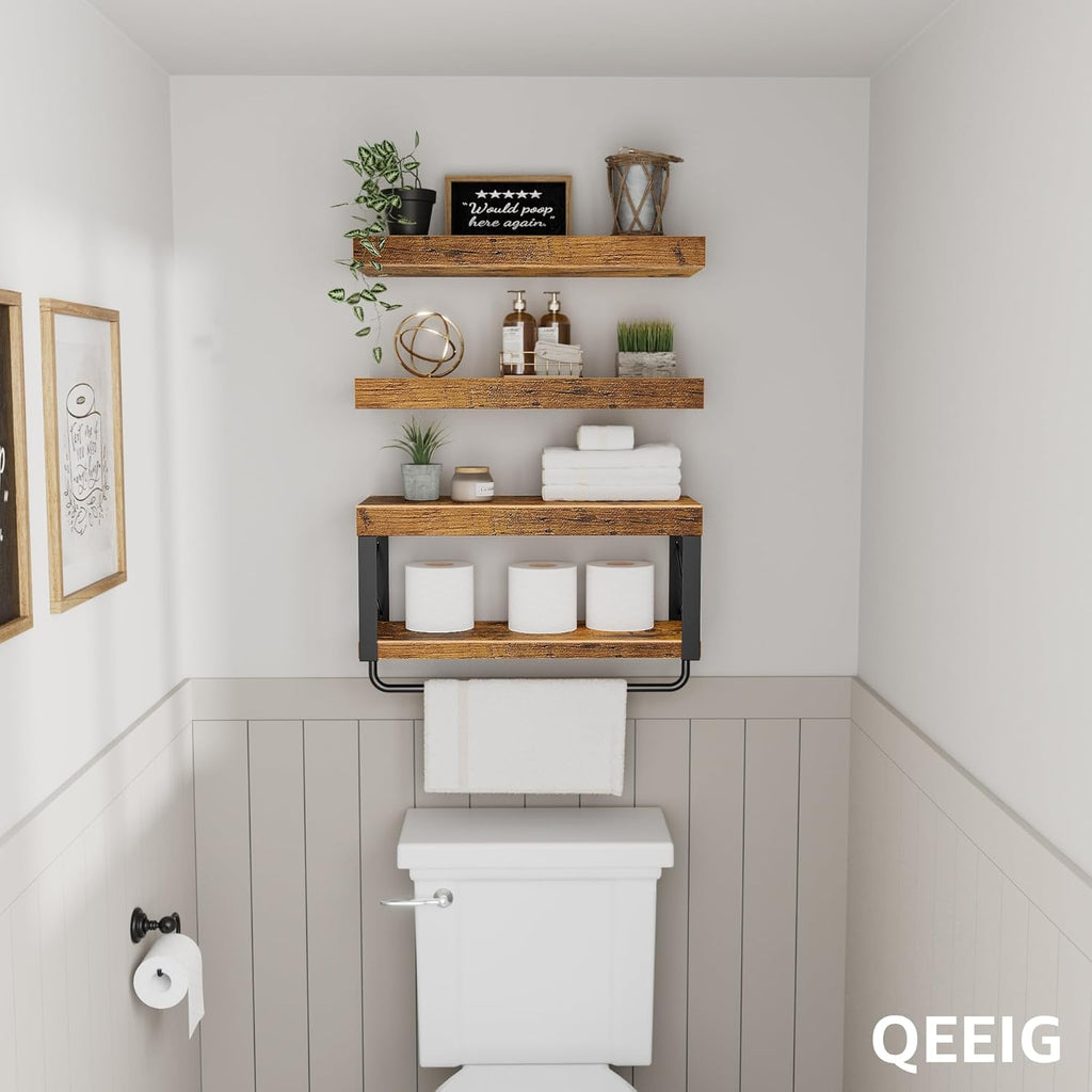 QEEIG Bathroom Shelves Over Toilet - Rustic Floating Shelf Set for Toilet Paper Storage | 16 Inch, Brown