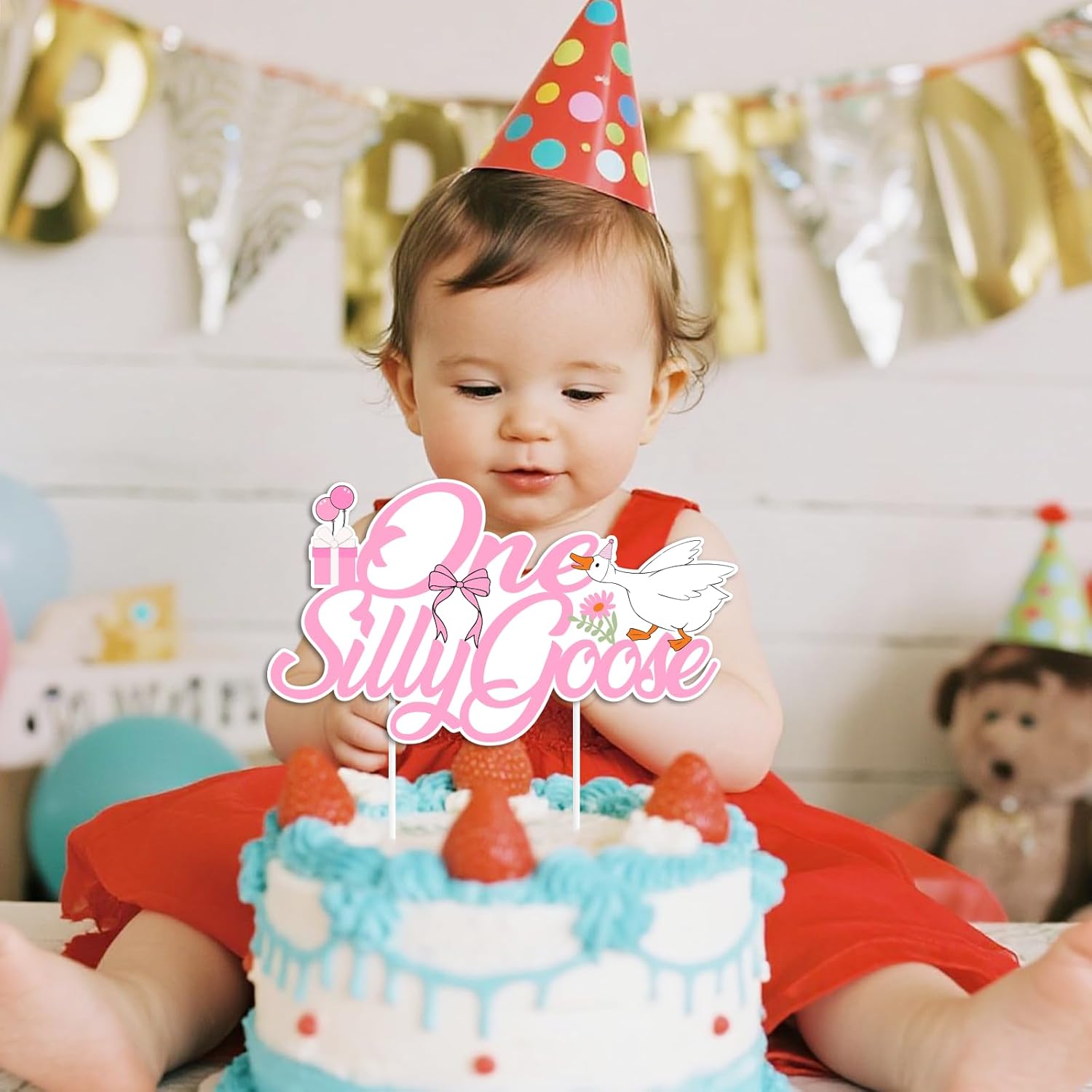 One Silly Goose Birthday Cake Topper - Fun Goose Theme Decorations for 1st Birthday | Cupcake Props