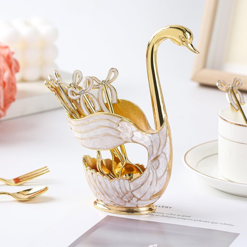 WENMAQIN Gold Swan Base Holder,Table Decorative Swan Dessert Spoons Organizer Spoons Holder with 6pcs Coffee Spoon set,Elegant Gold Dessert Spoons,Premium Zinc Alloy Spoon Organizer