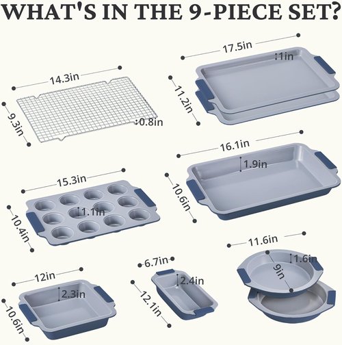 BRONYPRO Nonstick Ceramic Bakeware Set - 9 Heavy-Duty Aluminized Steel Pans with Silicone Handles | PTFE & PFOA Free - Blue