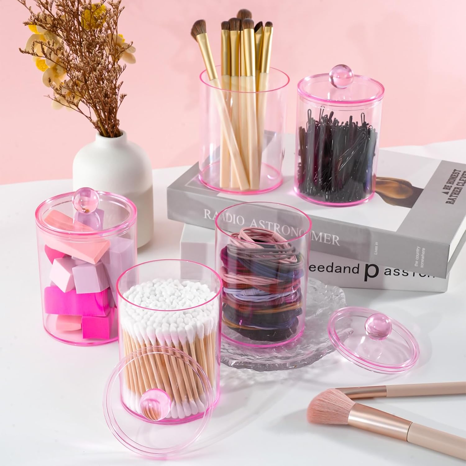 XIPENGKEJI Qtip Holder Set - Stylish Apothecary Jars for Bathroom Organization | 10oz-12oz Pink Canisters
