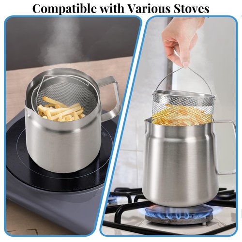 ZAVOOS 304 Stainless Steel Oil Filter Pot, 68 Oz Bacon Grease Container Saver with Oil Strainer, 2 in 1 Large Capacity Versatile Oil Filter Vessel with Deep Fry Basket for Kitchen Camping