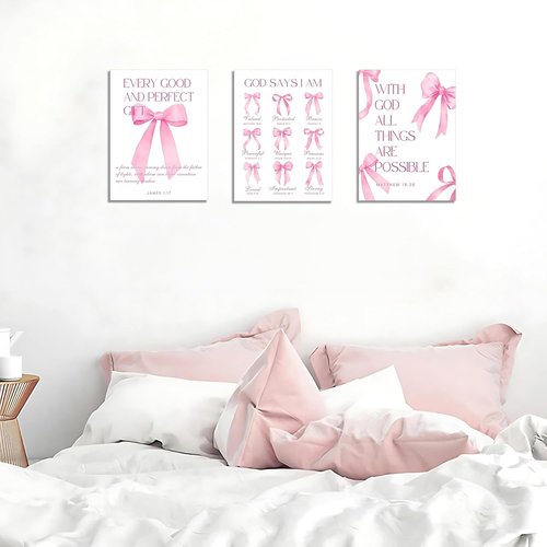 Coquette Pink Bow Wall Art - Inspirational Bible Verses Canvas Posters | Set of 3, 12x16 Inch Decor for Teen Girls