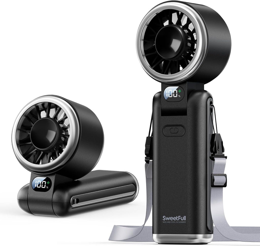 Sweetfull Portable Handheld Turbo Fan - Rechargeable 5000mAh, 180° Adjustable, 5 Speed Wind, Quiet Design | Travel Essential (Black)