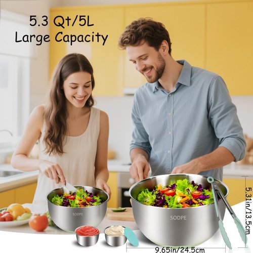 SODPE Stainless Steel Salad Spinner Large with 5 Blades Slicer, Lettuce Washer Spinner and Dryer, Vegetable Fruits Chopper Bowl, Egg Yolk Strainer Comes with Dipping Saucers and Clip, 5.3Qt