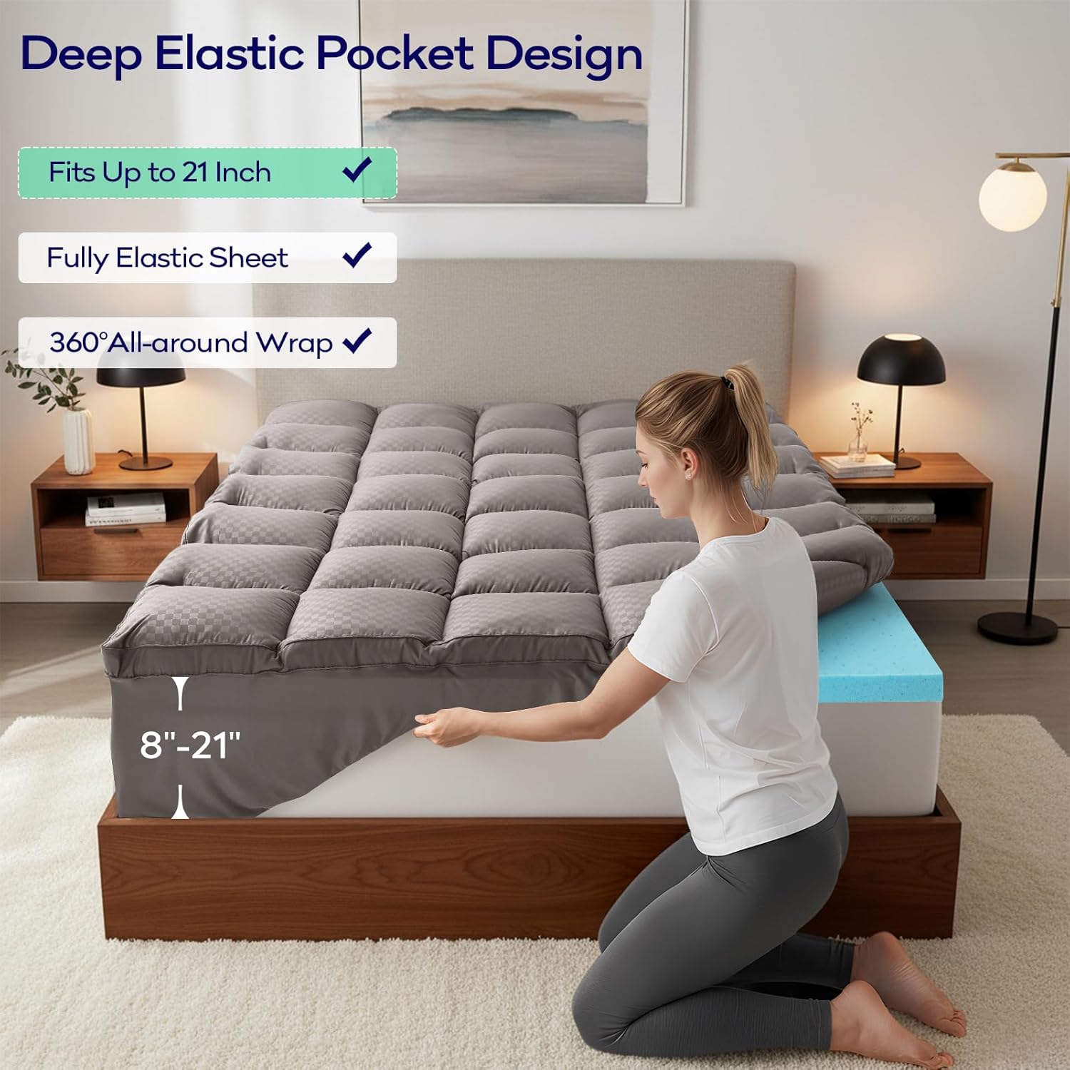 OLANLY Queen Size Memory Foam Mattress Topper - Dual-Layer 4 Inch Cooling Pillow Top & Gel Foam, Light Grey