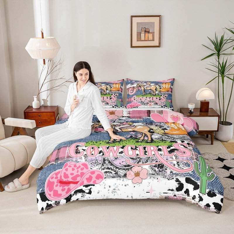 Western Cowgirls Bedding Set Twin Size,Kids Pink Leopard Checkered Comforter Set for Girls Woman Boys Room Decor American Southwest Rustic Quilt Set Pink Graffiti Duvet Insert,1 Pillowcase